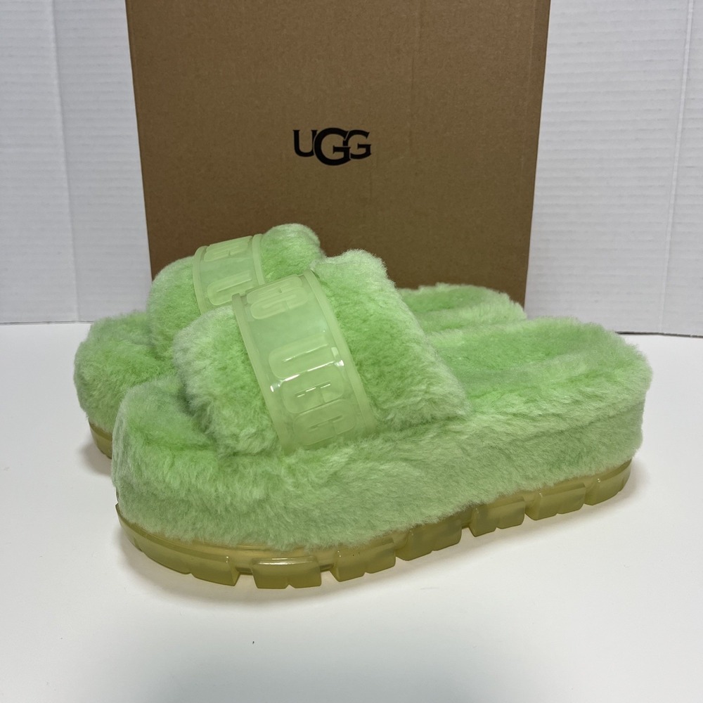 NEW UGG Fluffita Clear‎ Women 5 Platform Slipper Sandal Parakeet Green Logo $130